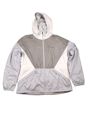 Columbia Hooded Windbreaker Jacket Large Gray Cream Fleece Lined Zip Up